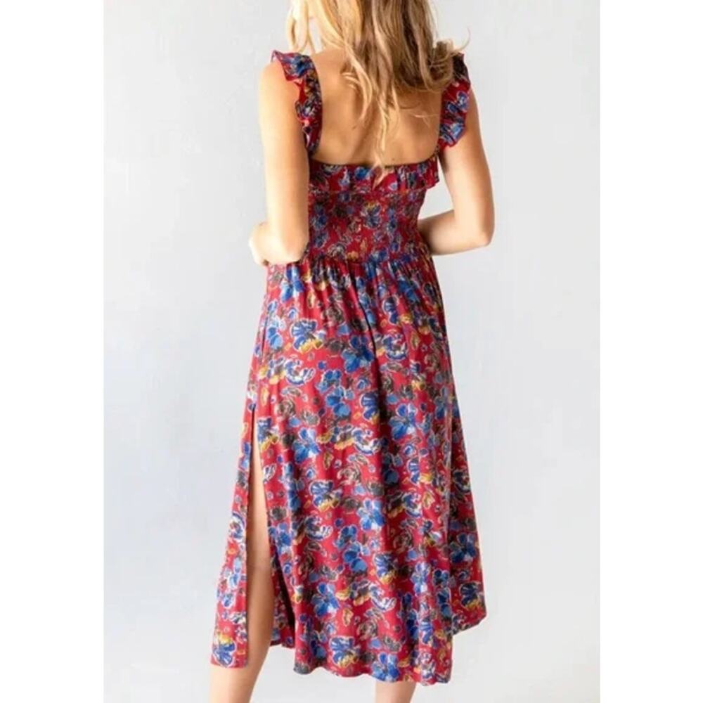 Natural Life Megan Smocked Midi Dress Floral Ruffle Square Neck Sleeveless Boho - Picture 4 of 12